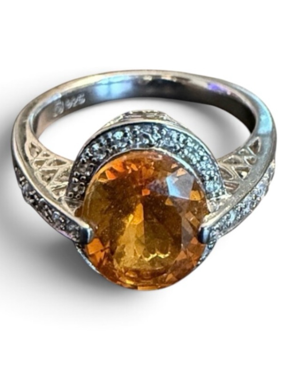 925 Sterling Silver Oval Amber-Color CZ Ring with Pavé Accents | Size 9